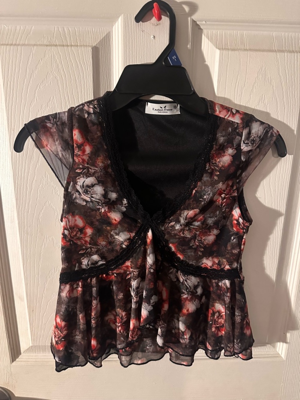 Y2k Floral Lace-Trim Black Sheer Peplum Top